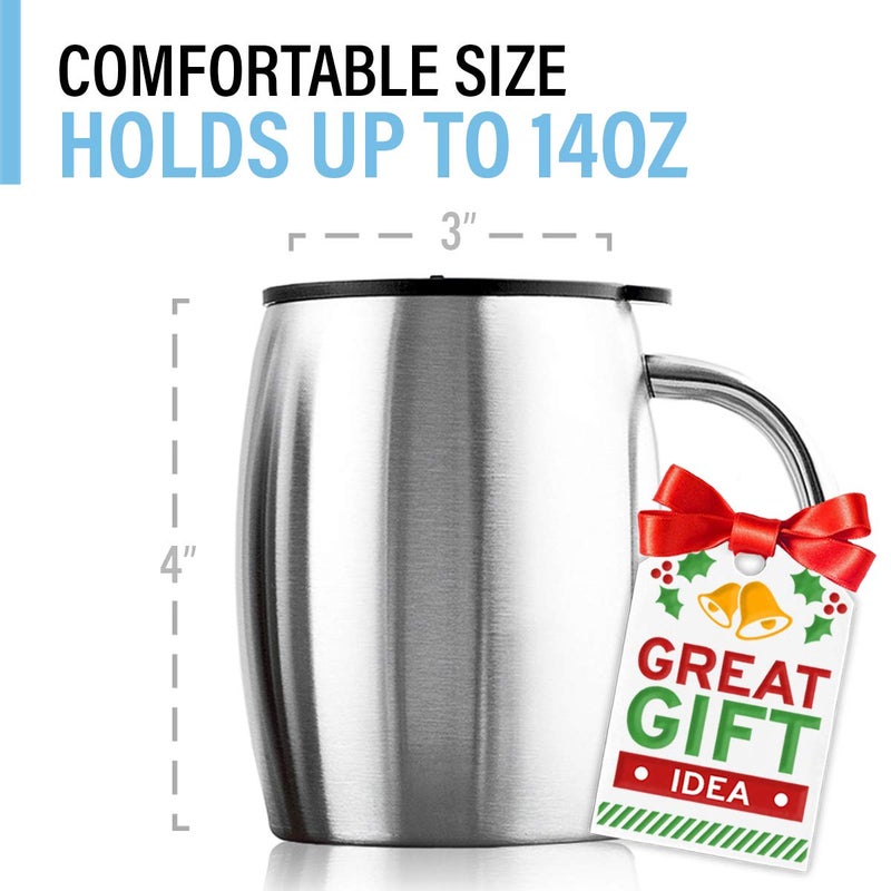 BROVINO Stainless Steel Coffee Mugs with Lid (Set of 2) - 14 oz Double Walled Steel Coffee Glasses with Lid & Handle - Travel, Outdoor, Camping - Vacuum, Shatterproof, Durable - Image 2